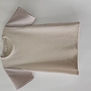 Cream Ribbed Knit Top with Faux Leather Sleeve